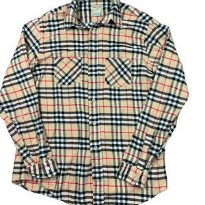 Vintage Oakton 100% Cotton tan/black/red plaid button front flannel size Large